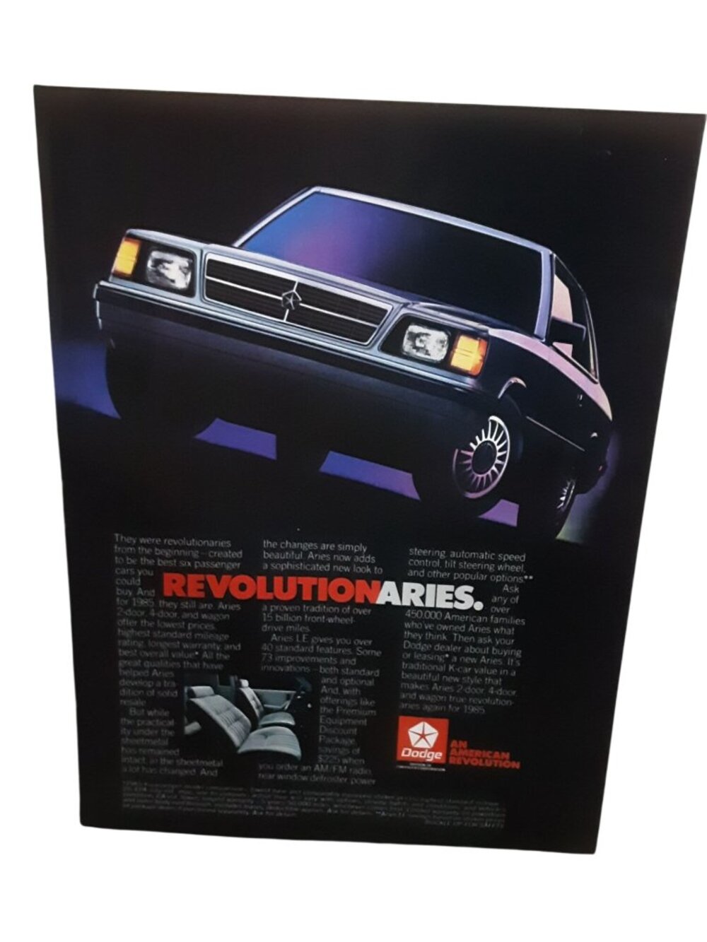 Dodge Aries 1985 K Car Vintage Auto Print Ad American Revolution